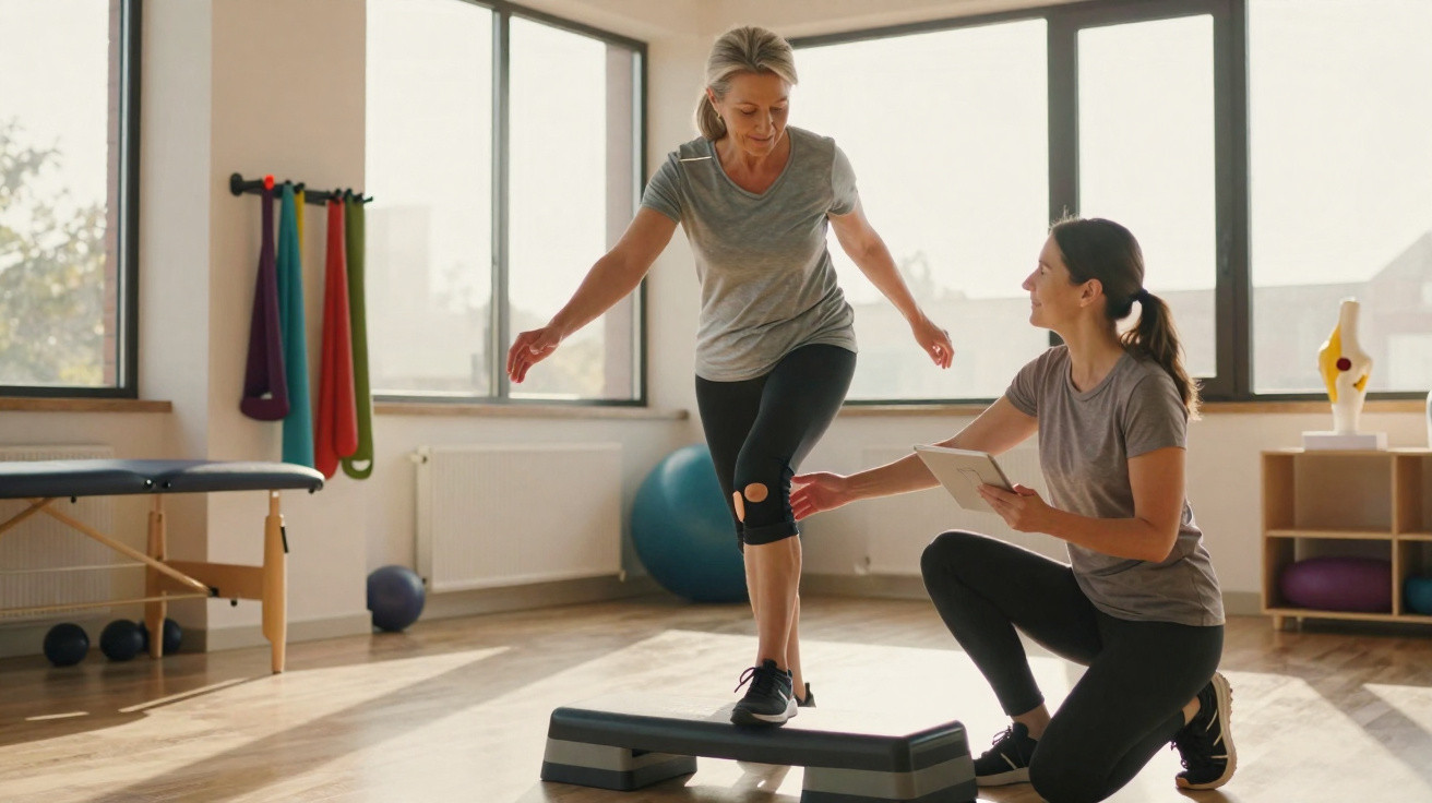 Woman with knee brace balancing on exercise step while trainer records progress in sunlit therapy room
