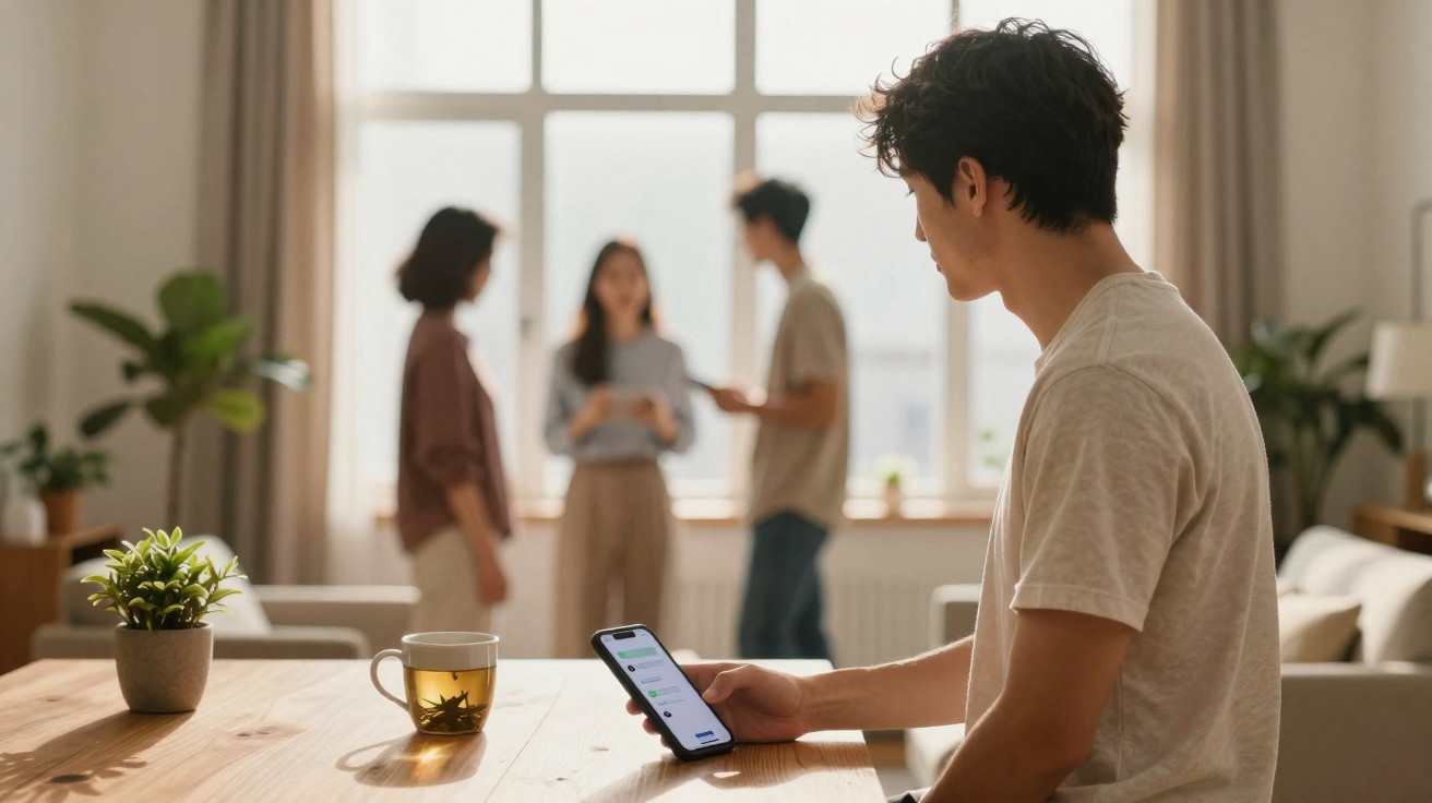 Young man sitting at table using smartphone while three people talk in background by large window