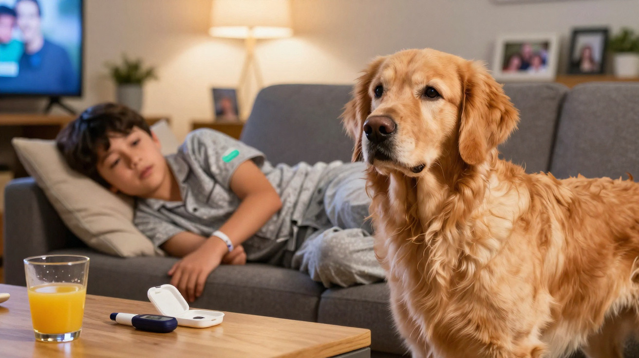Golden retriever standing in a living room with a boy lying on a sofa in the background.