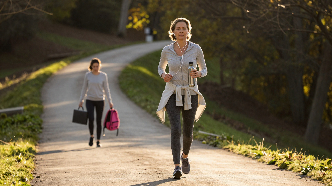 Woman jogging on a sunlit park path holding a water bottle, with another woman walking behind carrying bags.