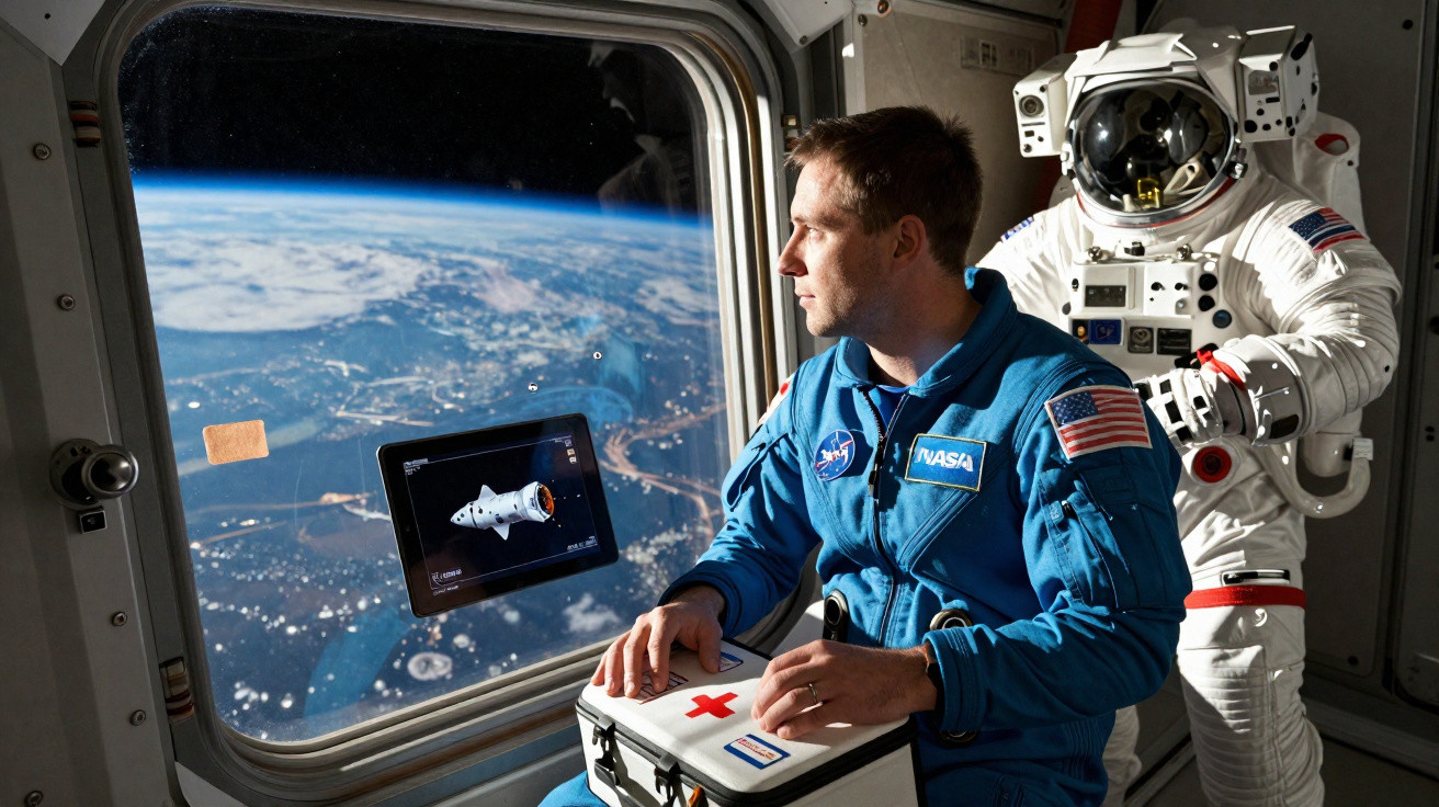 Astronaut in blue suit holding medical kit inside spacecraft with spacewalker and Earth visible through window.