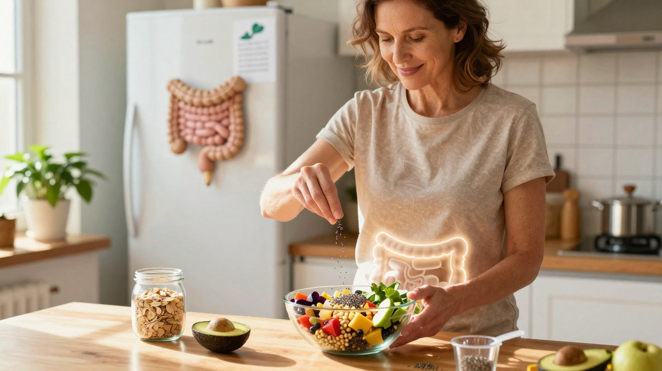 Woman preparing a healthy vegetable salad in a kitchen with an illustrated digestive system on her torso.