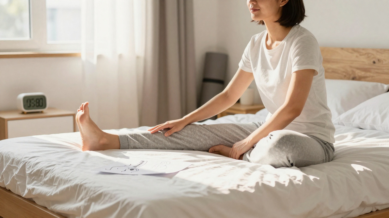 Woman in white T-shirt and grey joggers stretching her leg on a bed in a bright bedroom.