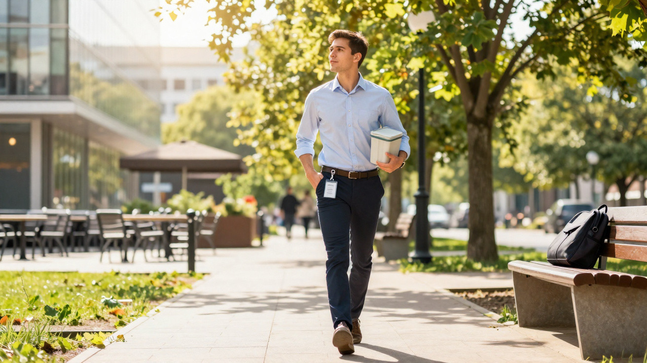 Young man in smart casual wear walking outdoors holding a lunch container on a sunny day near a bench with a backpack.