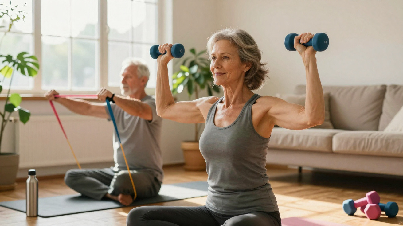 Older woman lifting dumbbells and older man using resistance bands while exercising at home sitting on mats
