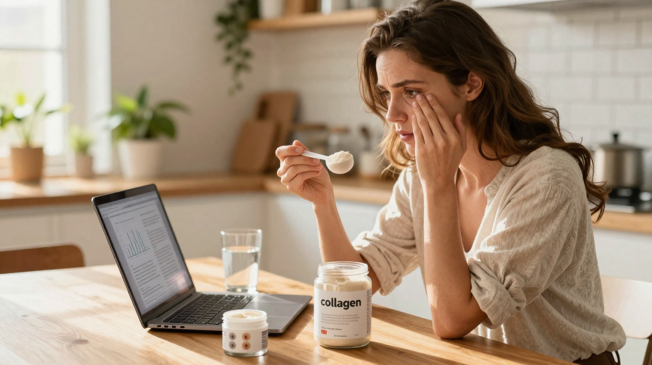 Woman sitting at a kitchen table with a laptop, holding a spoonful of collagen powder near her face.
