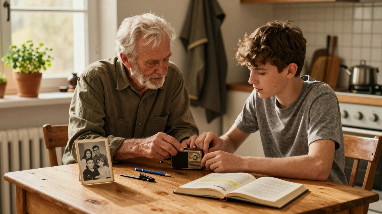 Elderly man and teenage boy sitting at a wooden table, examining a vintage radio with an open book nearby.