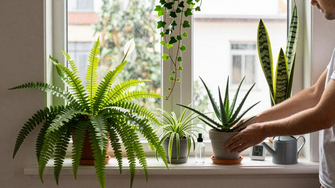 Person adjusting aloe vera plant on a windowsill with various potted green houseplants in daylight.