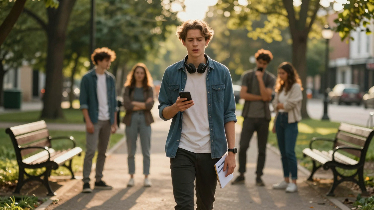 Young man walking in park looking at phone with confused expression, four people in background talking.