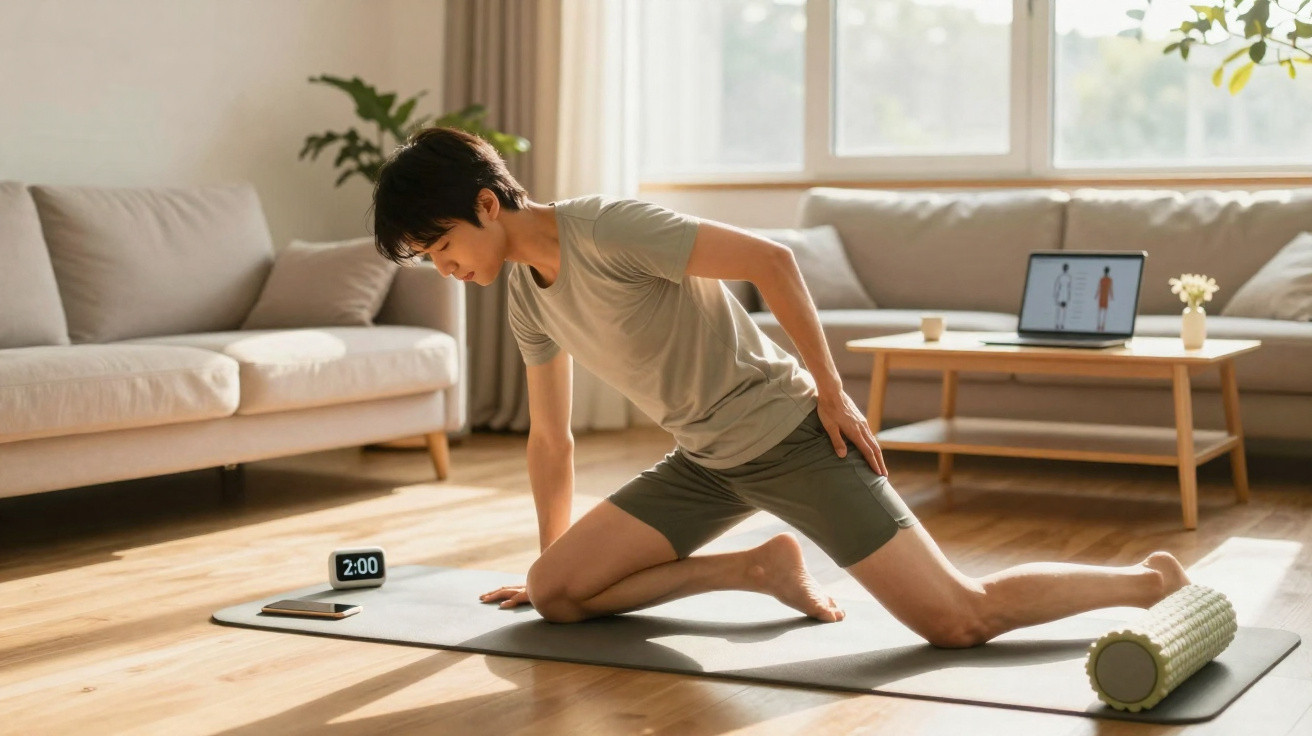 Young man stretching on a yoga mat in a sunlit living room with a foam roller and digital clock nearby.