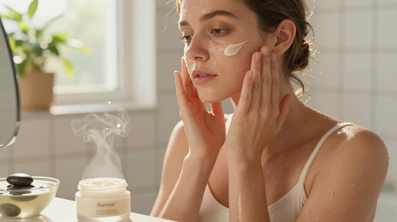 Young woman applying thermal cream on her face in a bright tiled bathroom with a steaming jar on the counter.