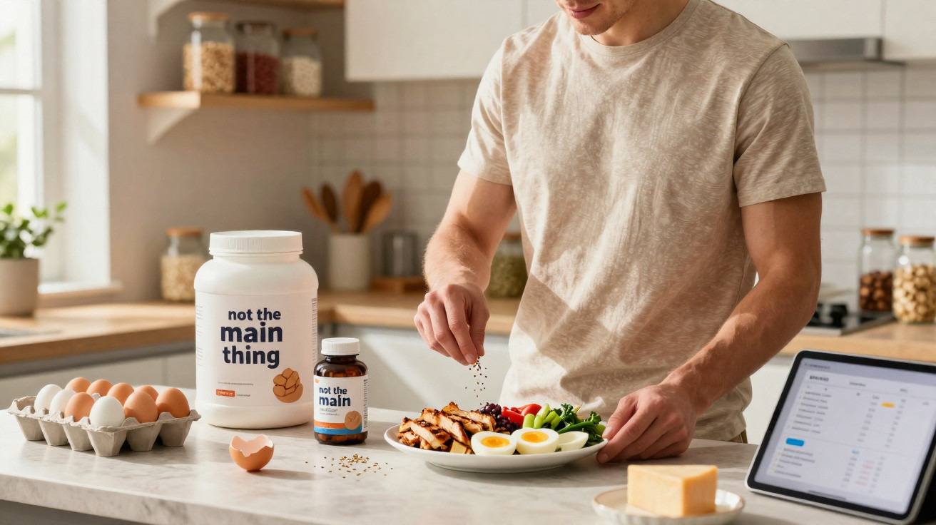 Man seasoning a plate with grilled chicken, boiled eggs, and vegetables in a kitchen with supplements and eggs on the counter