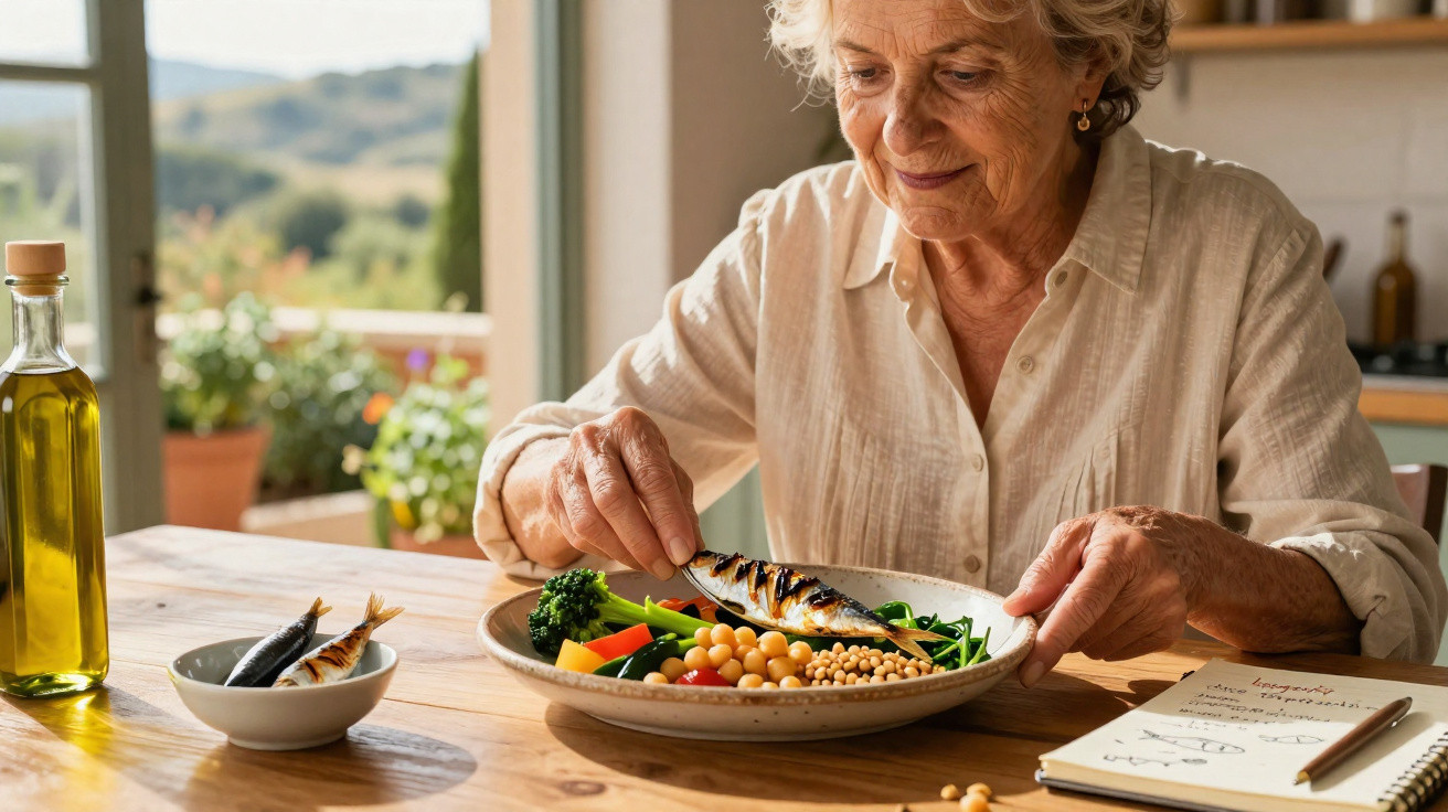 Elderly woman sitting at a wooden table, eating grilled fish and vegetables with a notebook beside her.