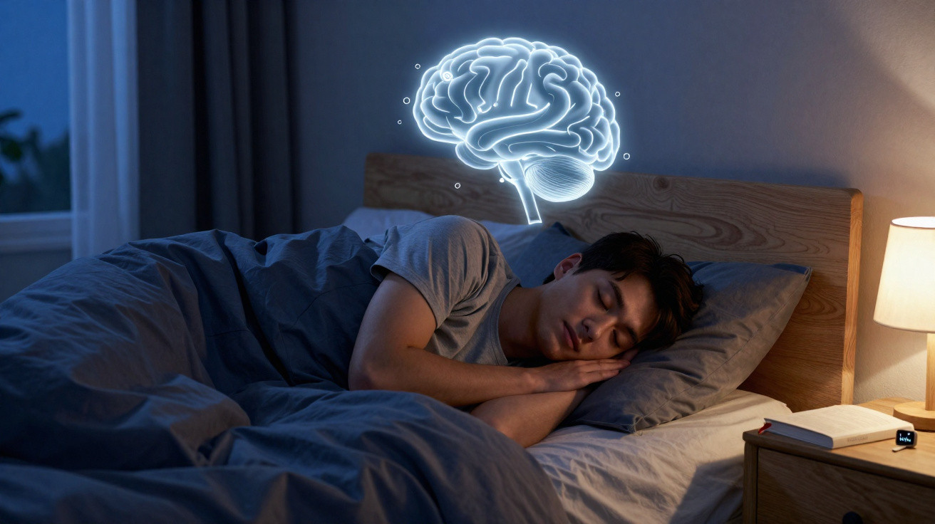 Young man sleeping in bed at night with an illuminated brain graphic above his head symbolising dreaming or brain activity.