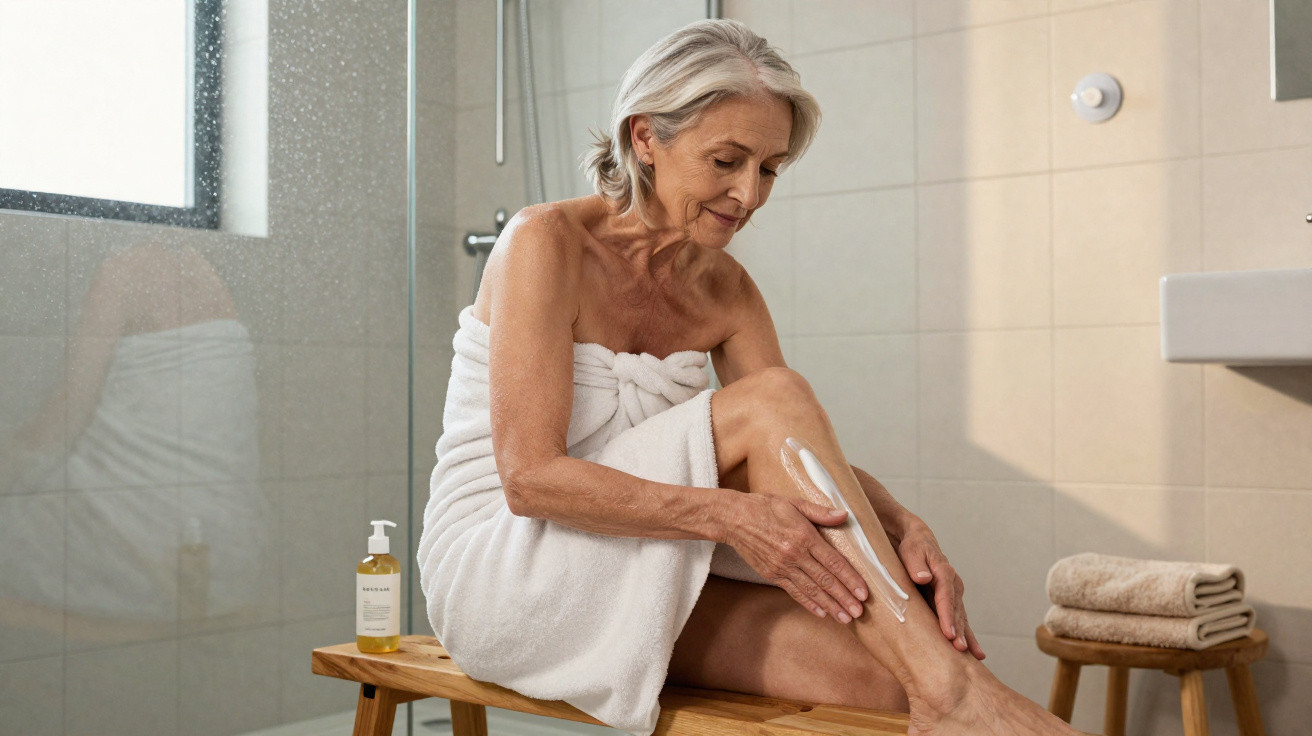 Older woman wrapped in a towel applying lotion to her leg while sitting on a wooden bench in a bathroom.