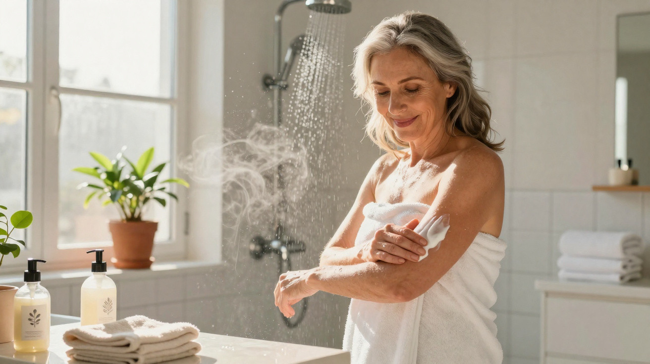 Mature woman wrapped in towel applying lotion in a bright, steamy bathroom by a window with plants.
