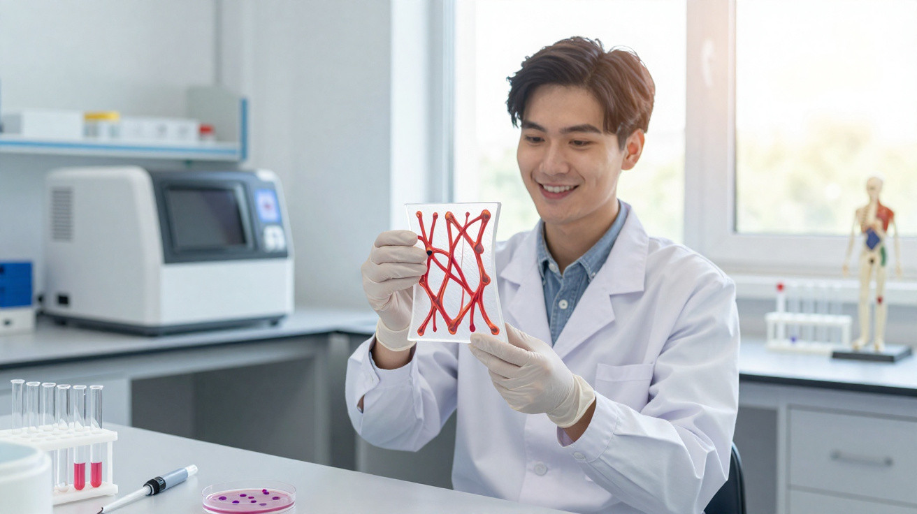 Scientist in lab coat holding a transparent sheet with a red vascular network model in a laboratory.