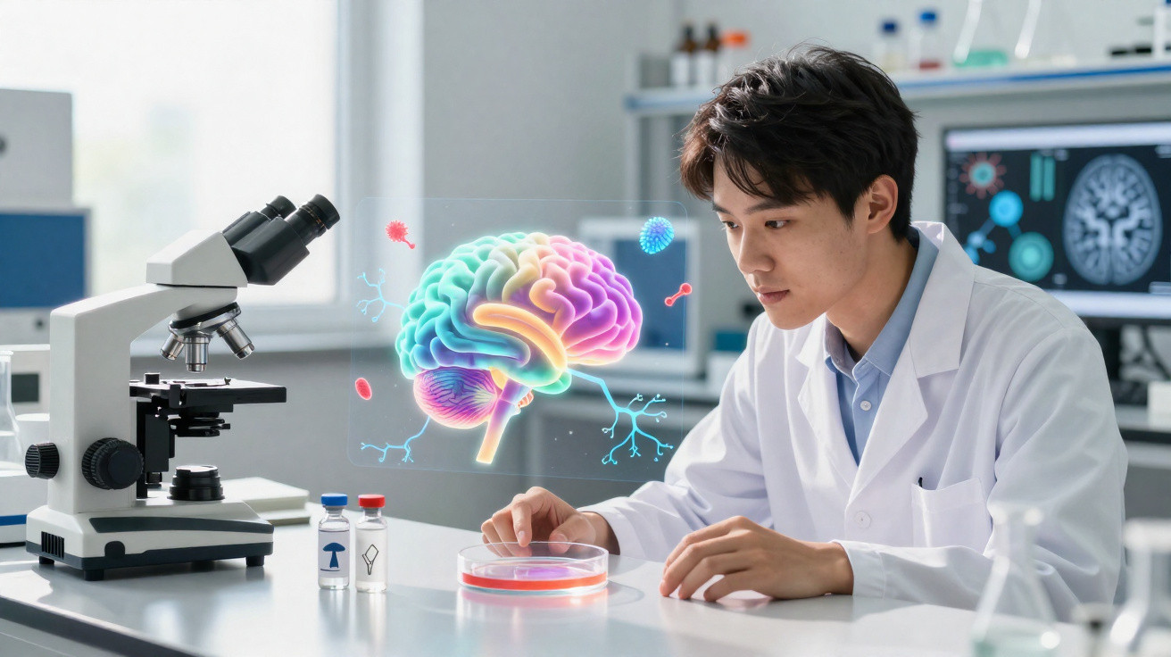 Scientist in white lab coat examining a petri dish with a colourful holographic brain and virus icons in a lab.