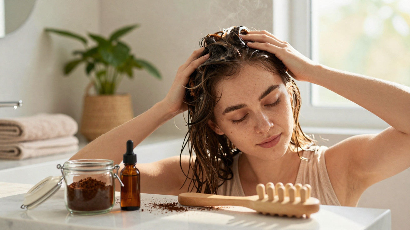 Woman massaging scalp with hair treatment in bright bathroom with plant and towels in the background