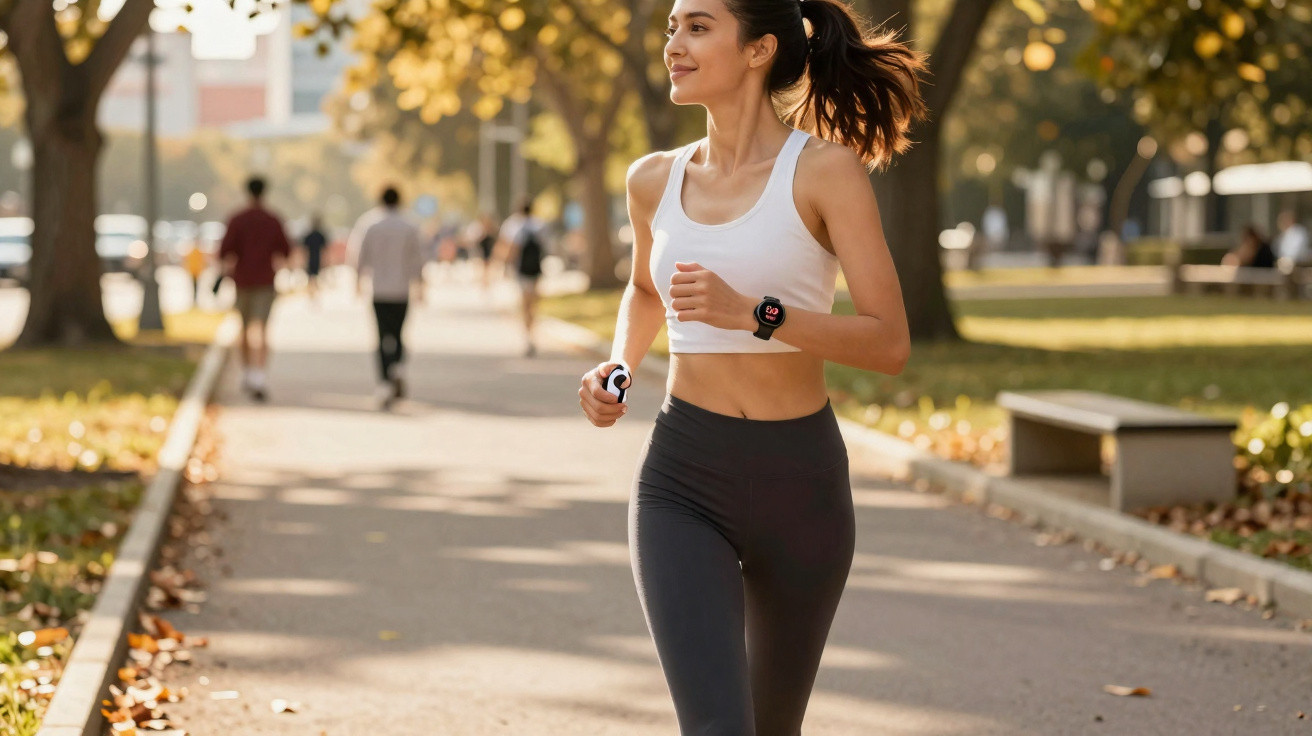 Young woman jogging in white sports top and black leggings on a sunlit park path during autumn.