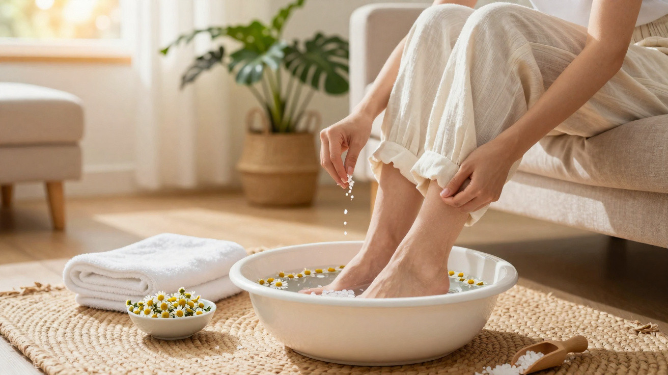 Person soaking feet in warm water with chamomile flowers and bath salts in a bright, relaxing room.