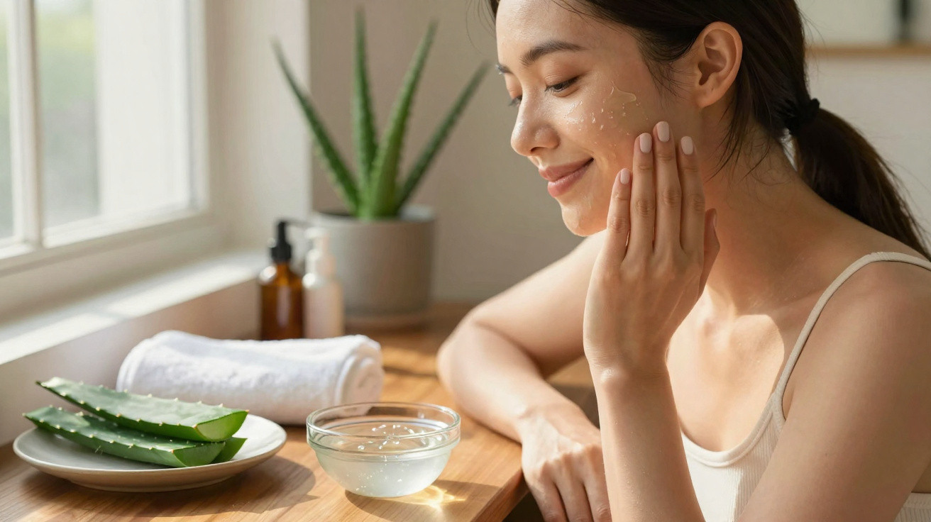 Woman applying aloe vera gel to her face at a wooden table with aloe slices and skincare bottles nearby.
