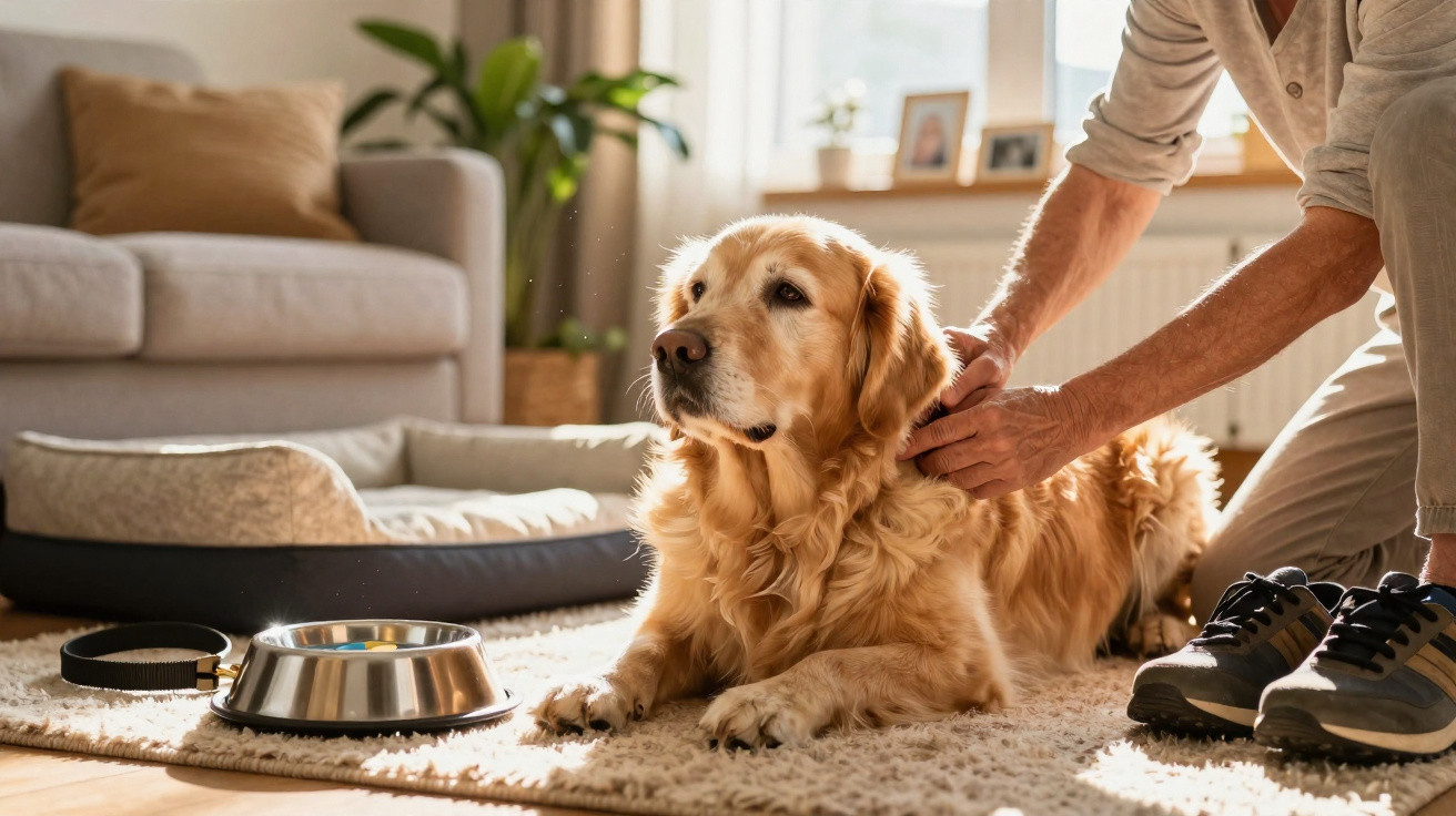 Golden retriever lying on rug beside owner adjusting collar near dog bed and water bowl in living room.