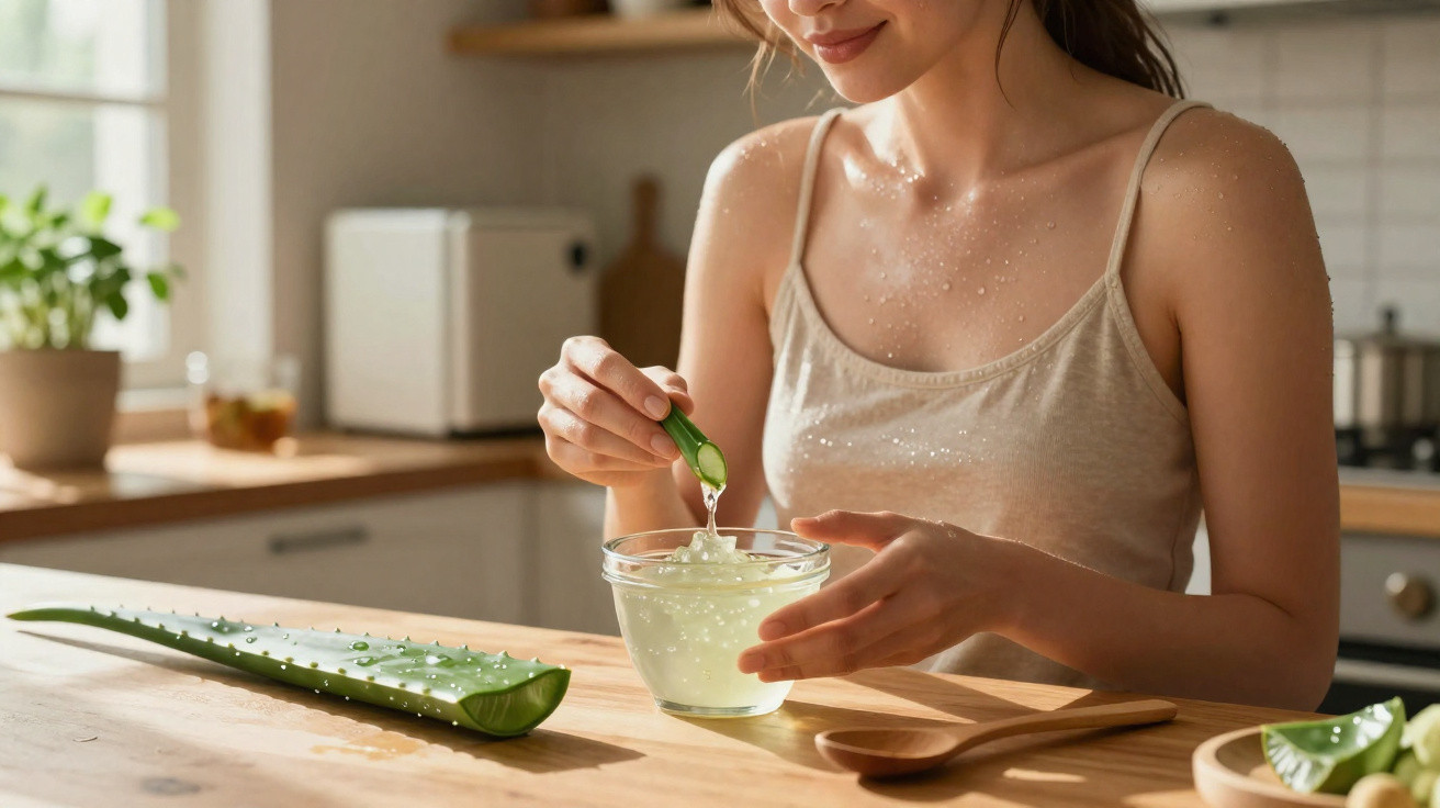 Young woman extracting gel from aloe vera leaf into a glass bowl in a bright kitchen.