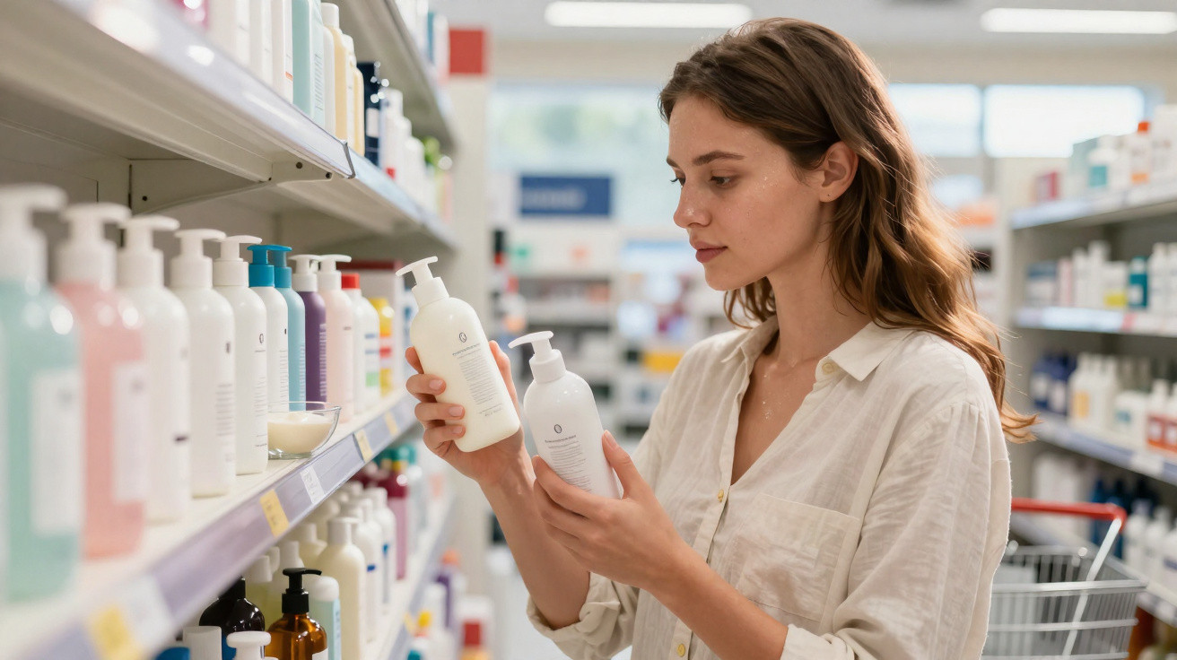 Frau vergleicht zwei Flaschen Körperpflegeprodukte in einem Einkaufsregal einer Drogerie oder Apotheke.