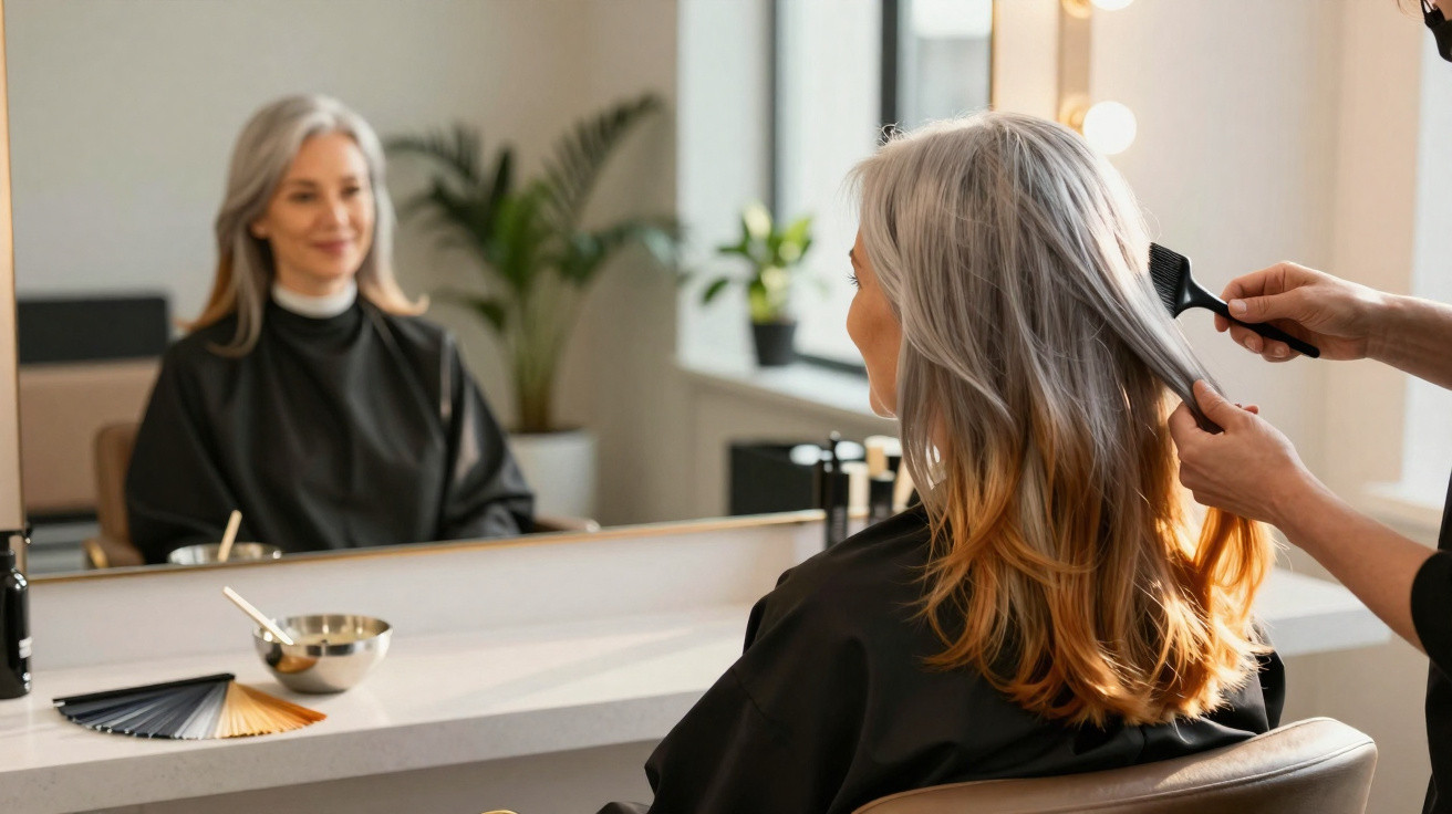Frau mit graublonden Haaren sitzt im Friseursalon und bekommt von Friseur ihre Haare gekämmt.