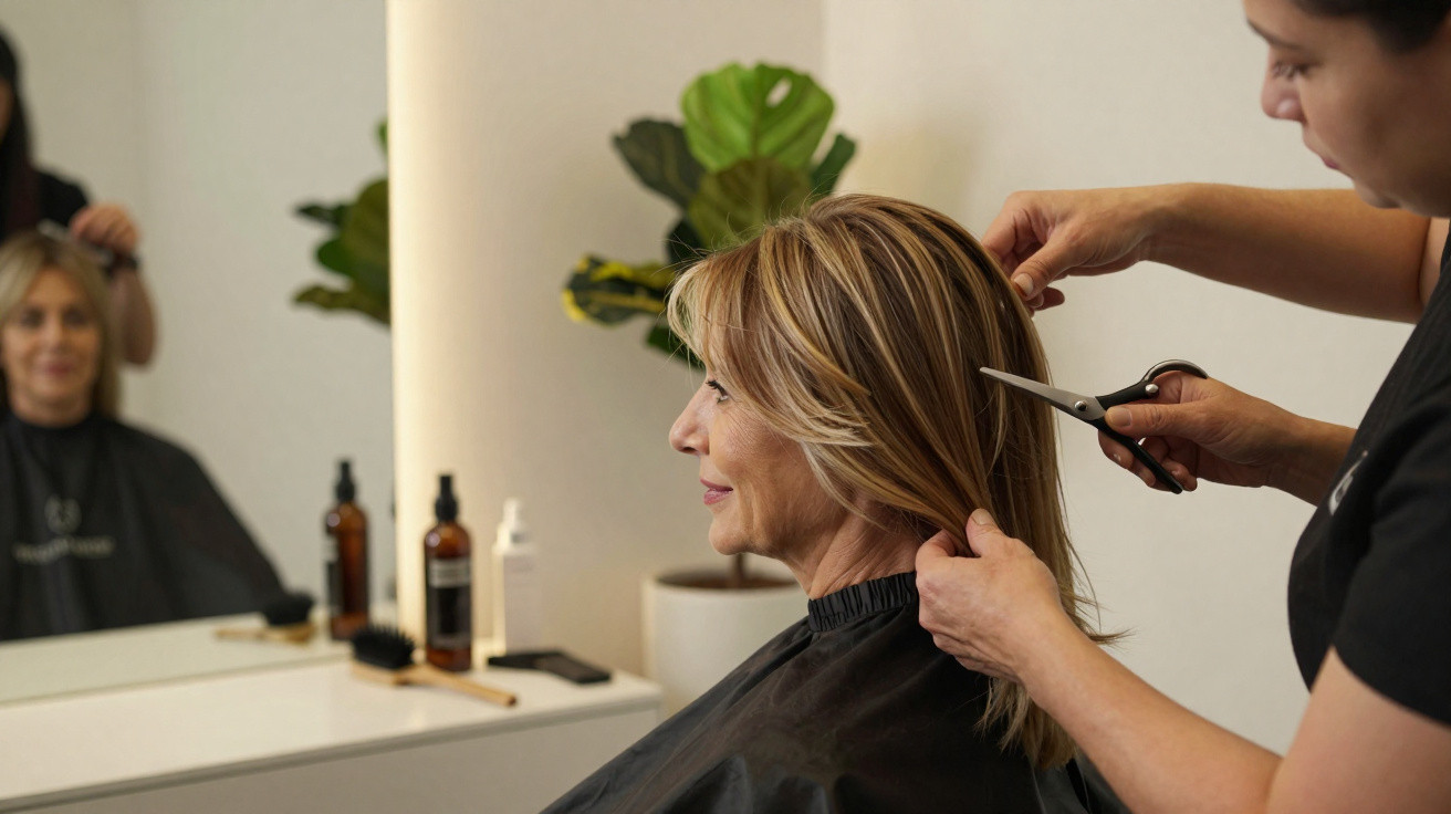 Frau sitzt im Friseursalon, während Friseur ihr die Haare mit einer Schere schneidet.