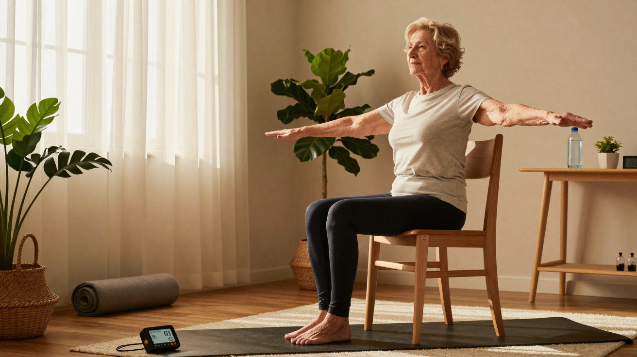 Ältere Frau macht Sitzen-Yoga mit ausgestreckten Armen auf einem Stuhl in hellem Wohnzimmer, umgeben von Pflanzen.