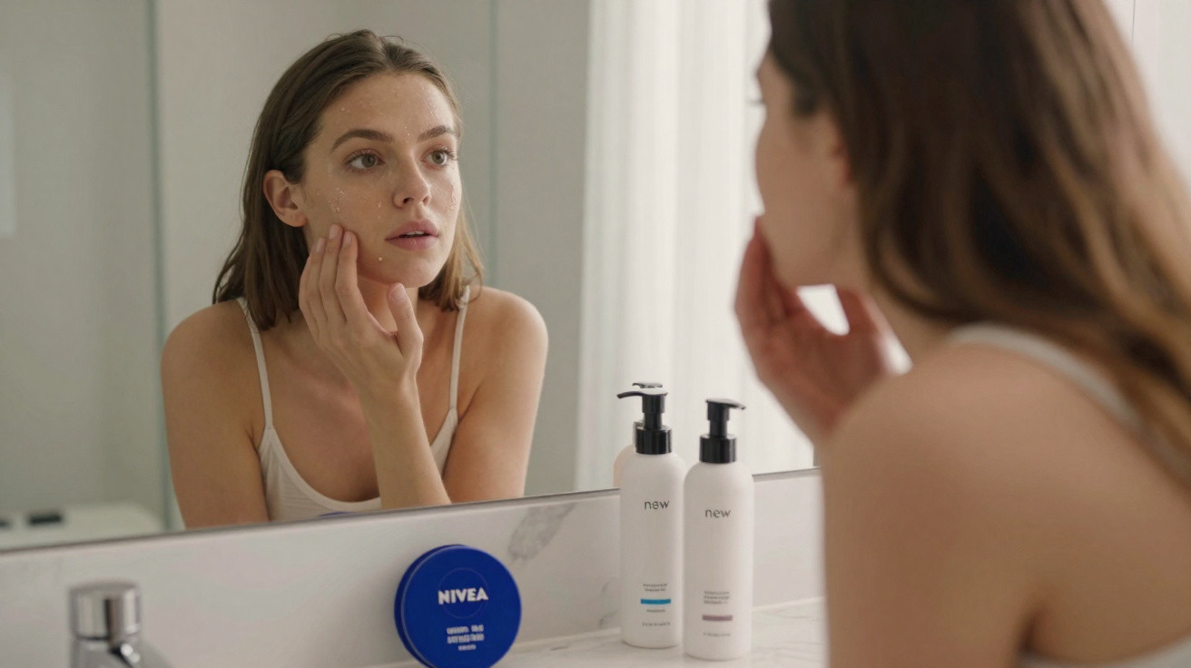 Frau trägt Gesichtspflegecreme auf ihr Gesicht vor einem Badezimmerspiegel auf.
