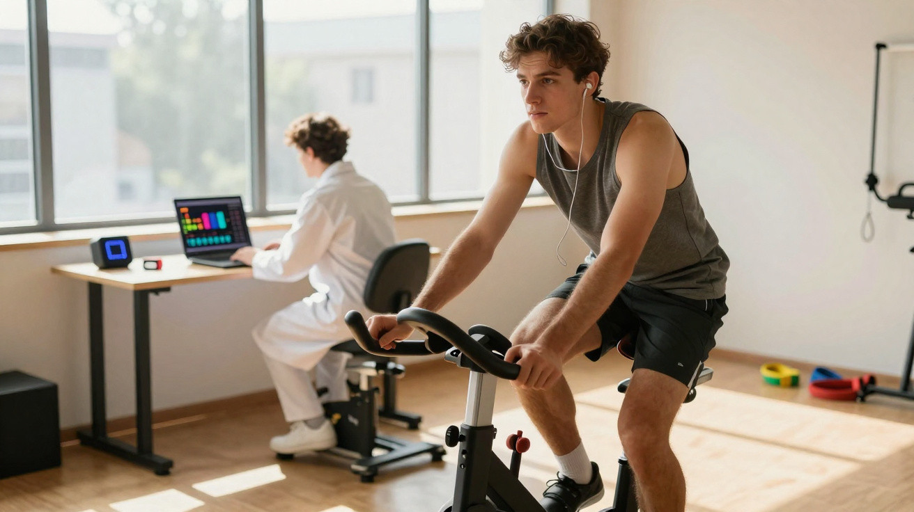 Junger Mann trainiert auf Heimtrainer, im Hintergrund sitzt Arzt am Schreibtisch vor Laptop.