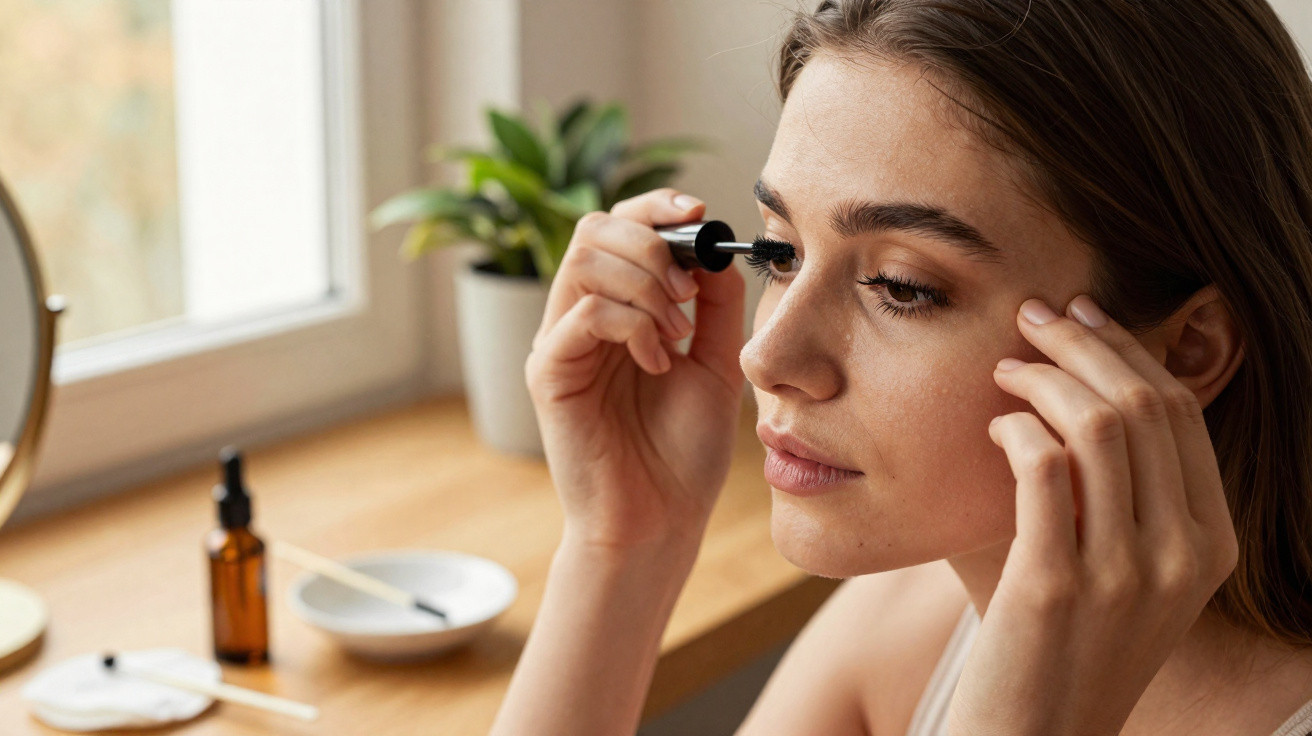 Frau trägt im Tageslicht zu Hause an einem Holztisch sorgfältig Wimperntusche auf.