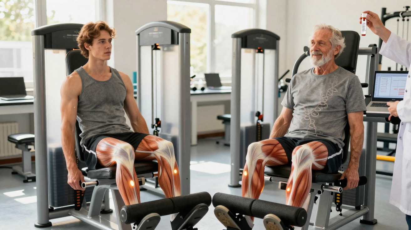 Junge und ältere Männer trainieren Beinstreckmuskeln im Fitnessstudio mit muskulärer Animation.