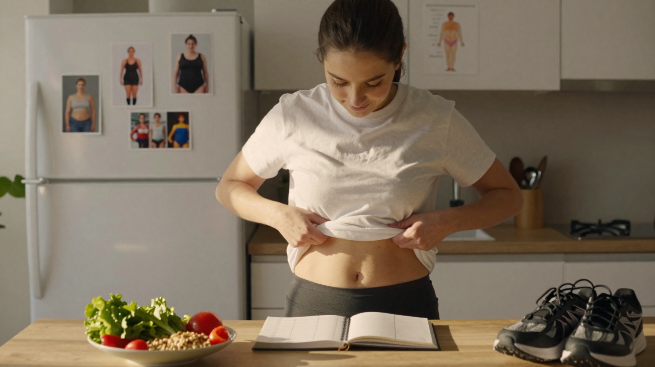 Frau hebt T-Shirt vor Küchentisch mit offenem Notizbuch, Obstschale und Sportschuhen an.