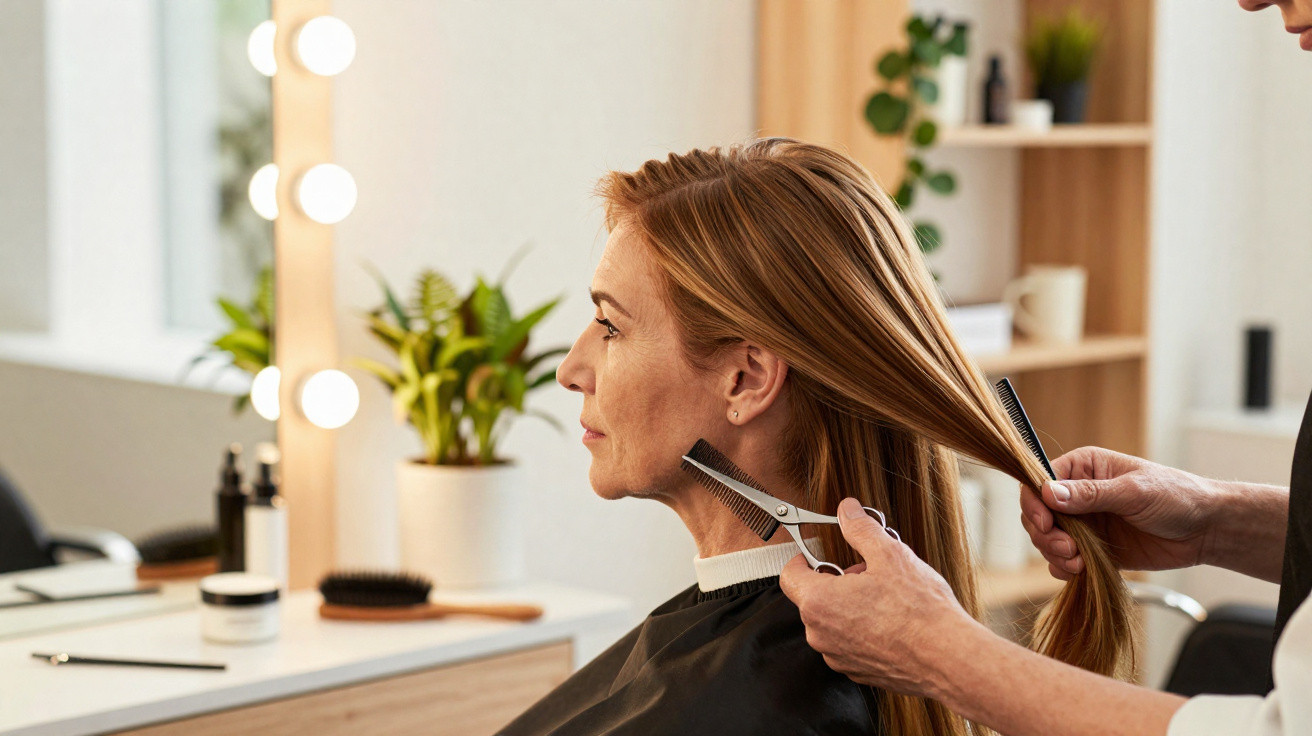 Frau mit langen roten Haaren bekommt im Friseursalon einen Haarschnitt von einem Friseur.