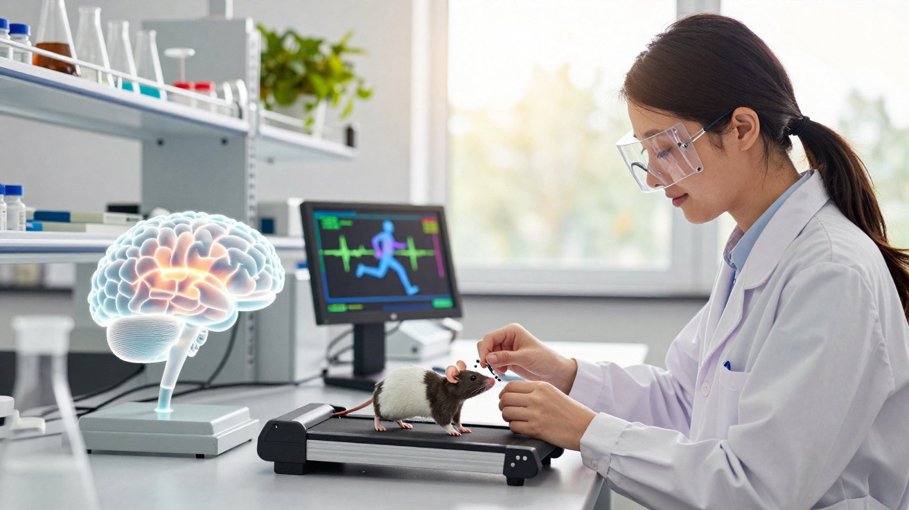 Wissenschaftlerin in Schutzbrille füttert Laborratte auf Mini-Laufband in modernem Labor mit Gehirnmodell.