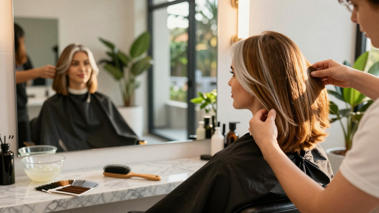 Friseurin stylt Haare einer Kundin vor großem Spiegel in hellem Friseursalon mit Pflanzen und Produkten.