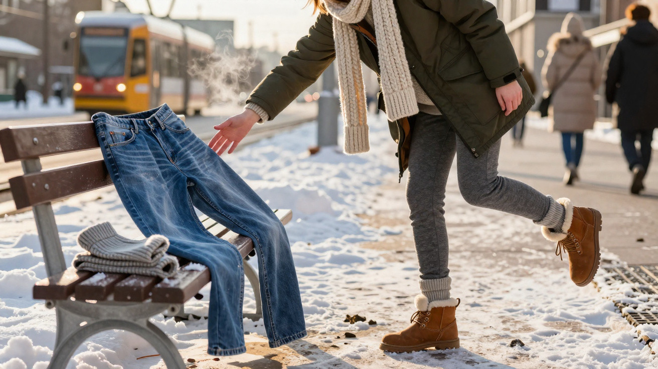 Frau berührt dampfende jeans auf einer parkbank im schnee, im hintergrund straßenbahn und fußgänger.