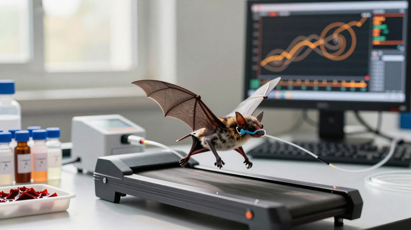 Forschungsfledermaus mit Miniaturbrille läuft auf Laufband vor Computer mit Datenanalyse im Labor.