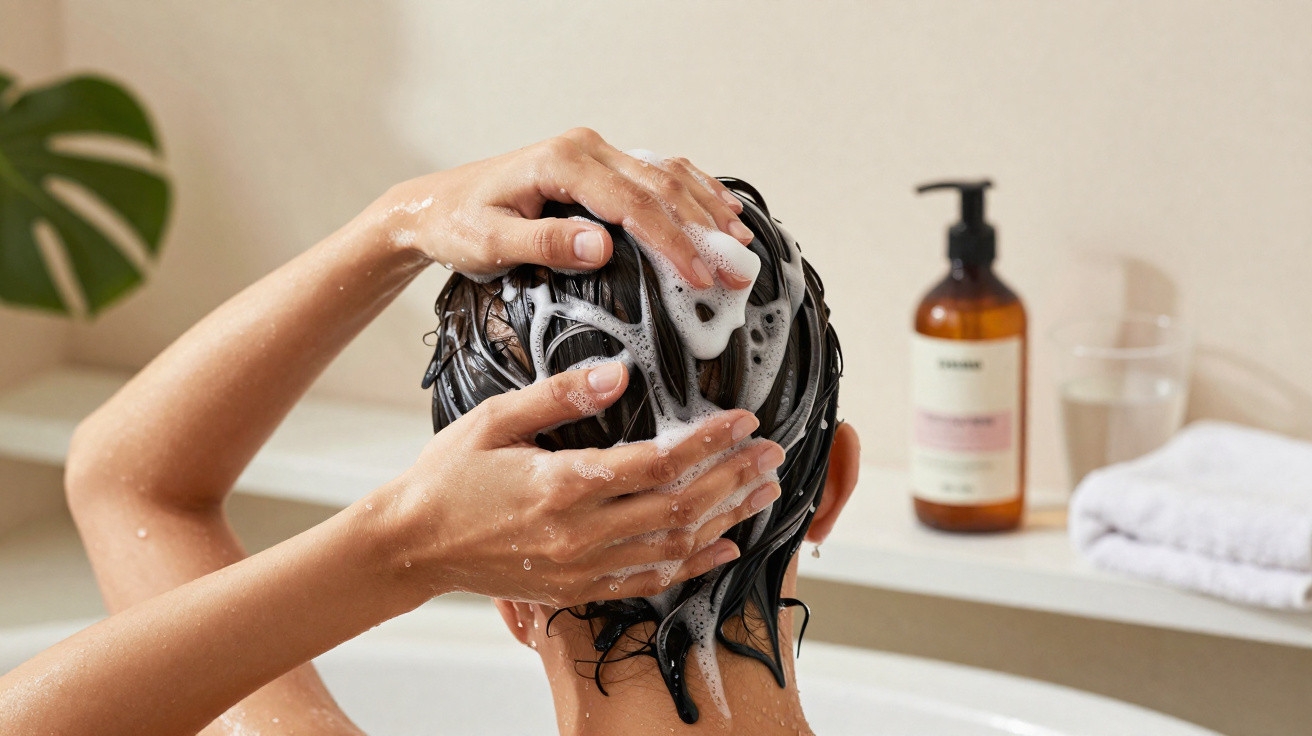 Person wäscht ihre nassen Haare mit schäumendem Shampoo in der Badewanne, im Hintergrund Pflegeprodukt und Handtuch.