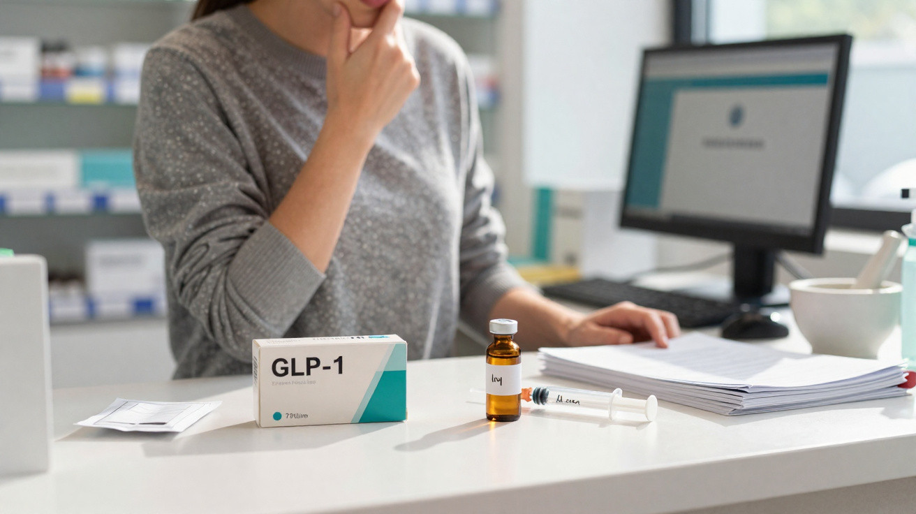 Person in der Apotheke am Tresen mit GLP-1 Medikament, Ampulle und Spritze vor einem Computerbildschirm.
