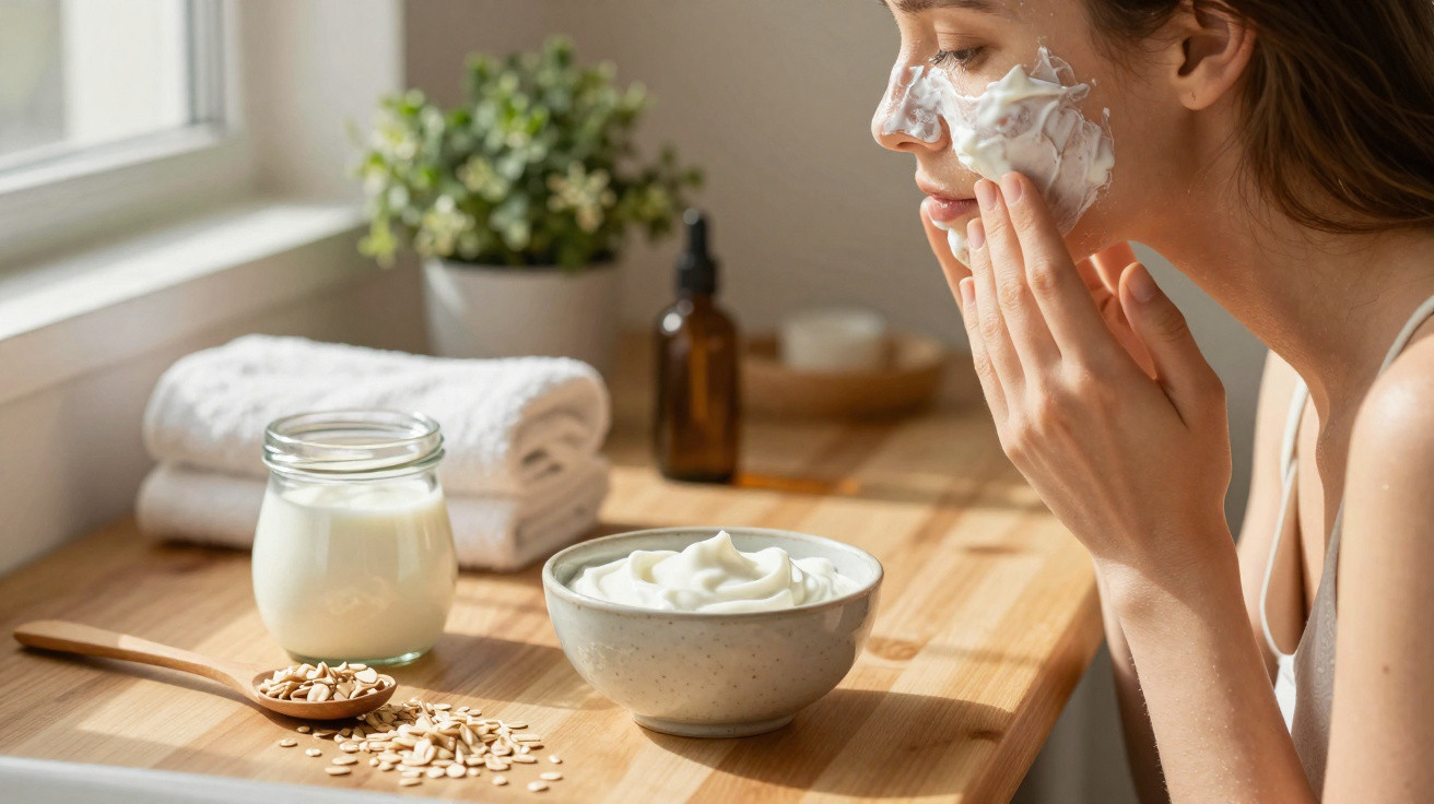 Frau trägt Gesichtsmaske auf Wangen auf, davor Schüssel mit Creme und Glas mit Naturprodukten auf Holztisch.