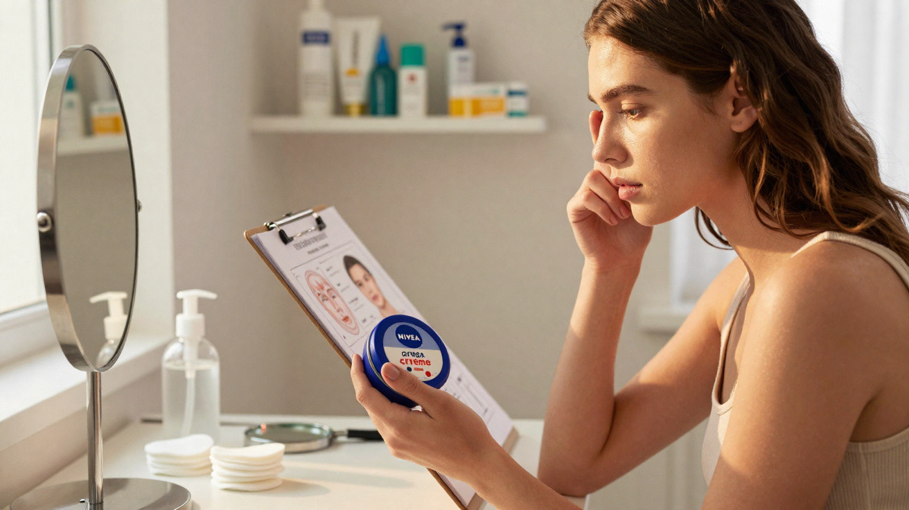 Frau liest Inhaltsstoffe der Nivea Creme vor Spiegel im hellen Badezimmer mit Pflegeprodukten im Hintergrund.