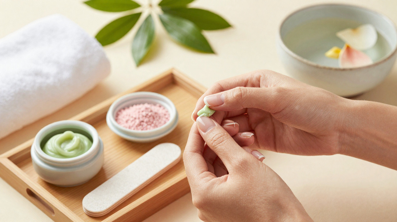 Hände tragen grüne Creme auf, neben Nagelfeile, rosa Salz, Handtuch und Blumenschale auf Tablett.