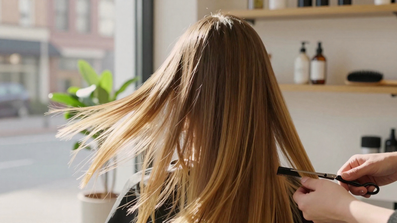 Frau mit langen, glatten Blondhaaren bekommt im Friseursalon einen Haarschnitt.