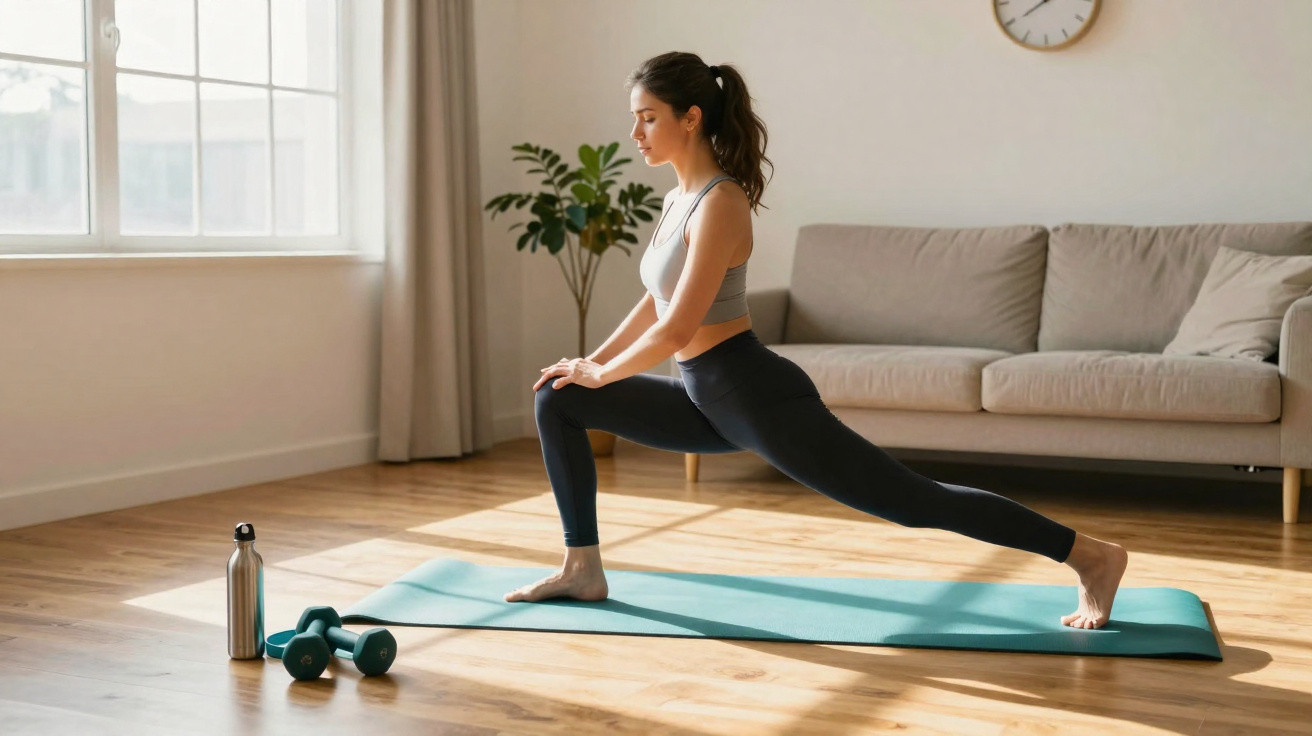 Frau dehnt sich auf Yoga-Matte im Wohnzimmer, neben Hanteln und Wasserflasche, Sonnenlicht fällt durchs Fenster.