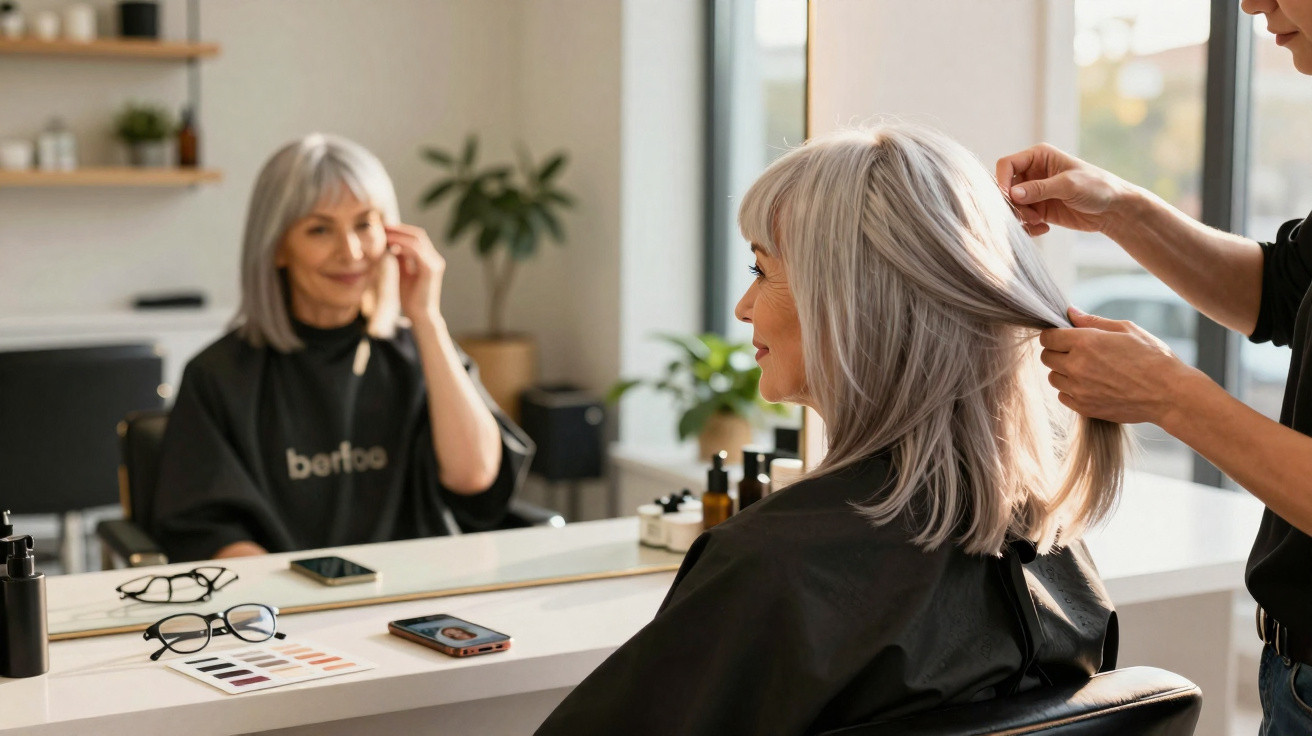 Ältere Frau mit grauen Haaren sitzt beim Friseur, sieht sich zufrieden im Spiegel an.